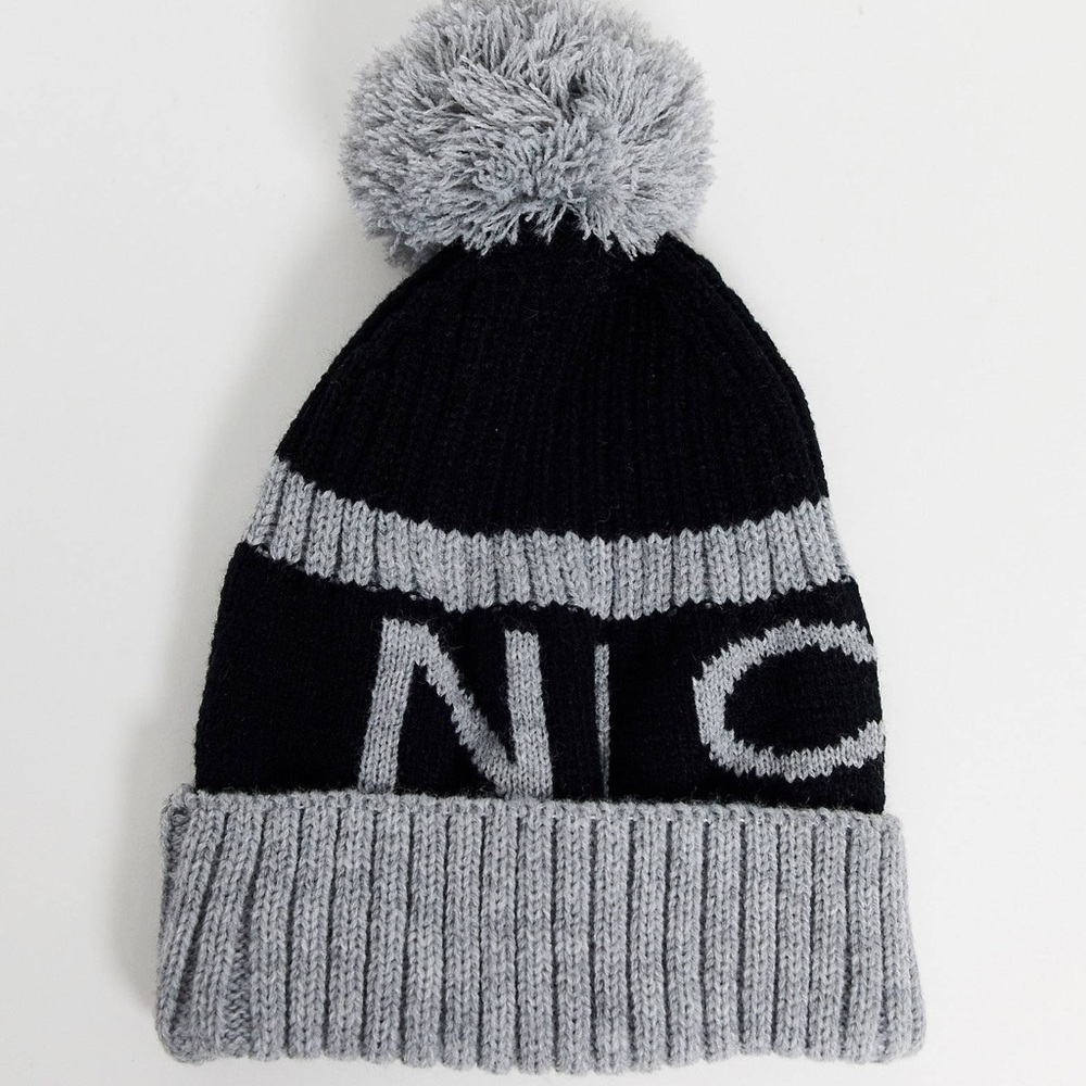NICCE bobble beanie black gray large logo hat asos